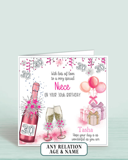 Niece 30th Birthday Card for Her, Any Relationship, Any Age, Personalised Women's Birthday Card, Pink Female Birthday Card | Oliver Rose Designs