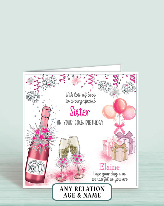 Sister 60th Birthday Card for Her, Any Relationship, Any Age, Personalised Women's Birthday Card, Pink Female Birthday Card | Oliver Rose Designs