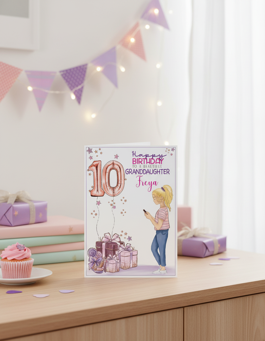 Lifestyle image of Girl on Phone 10th Birthday Card, Granddaughter on sideboard | Oliver Rose Designs