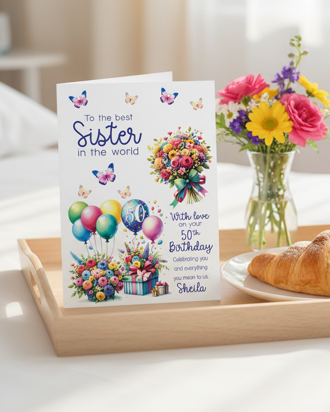 Sister Birthday Card, Floral Bright Personalised Birthday Card for Sister (approx 8x6 inches, inc envelope) - Oliver Rose Designs [AI generated styled Image]