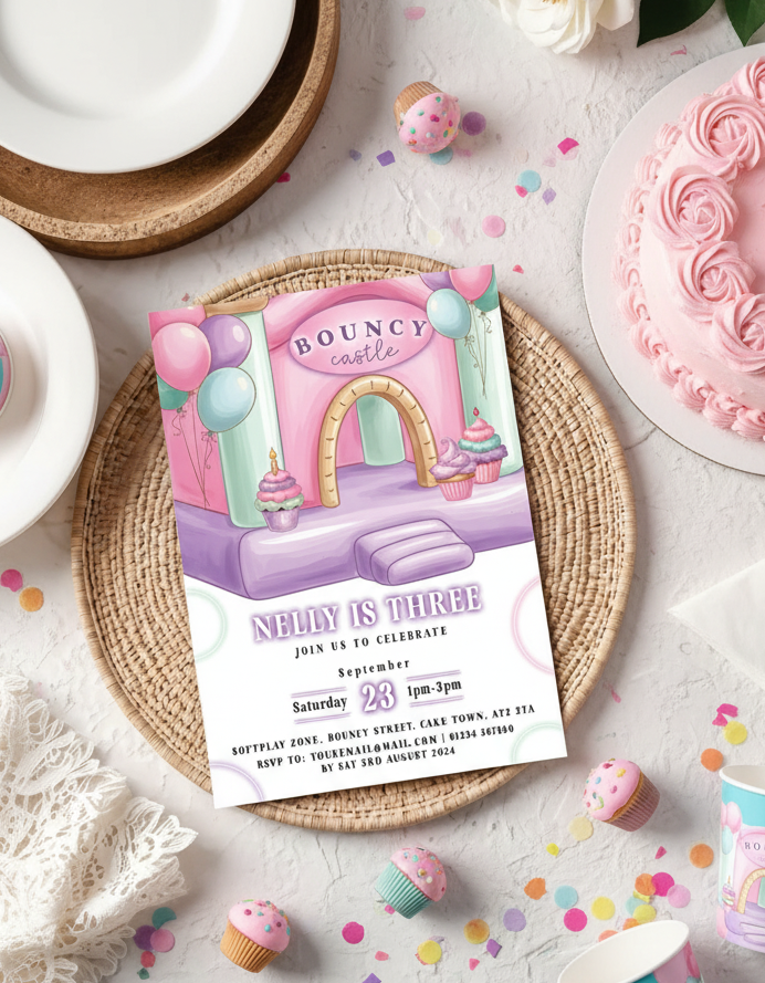 Bouncy Castle birthday party invitation for softplay themed birthday party with styled background for illustration purposes only.
