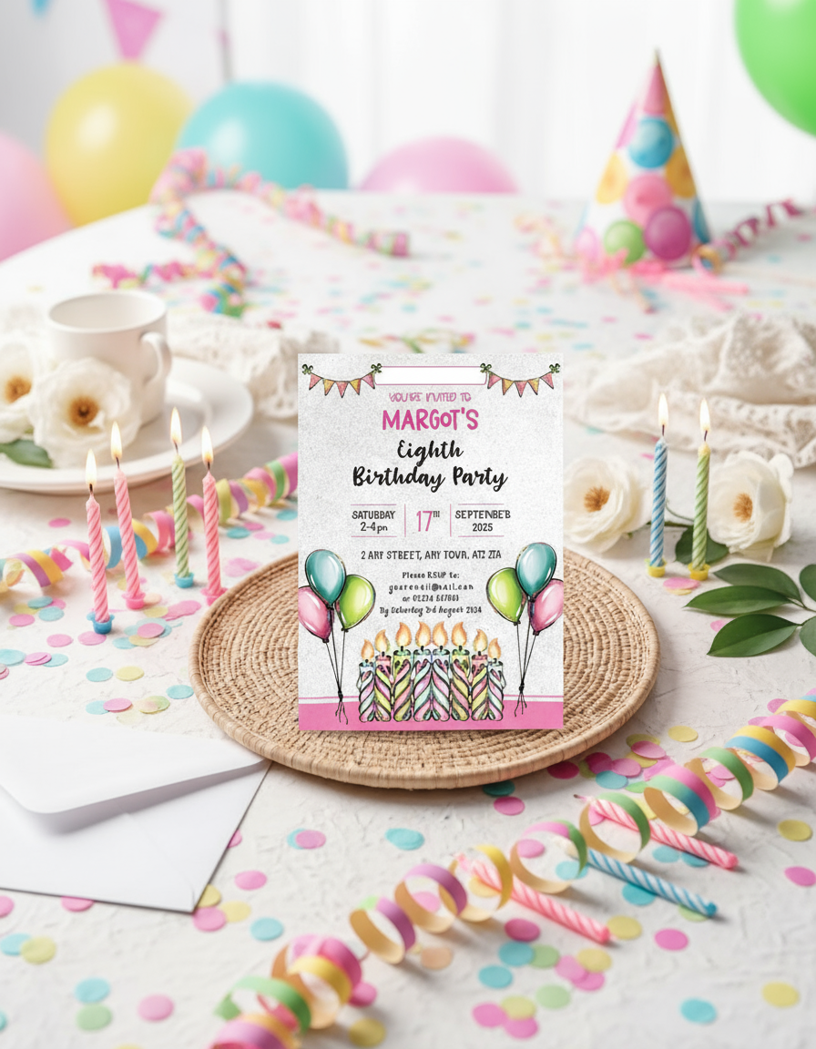 Candles birthday party invitation for birthday party with styled background for illustration purposes only.