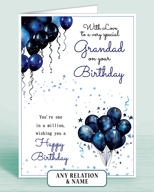 Grandad Birthday Card, Personalised Blue Balloons Birthday Card for Him, Male Birthday Card  for Men | Oliver Rose Designs