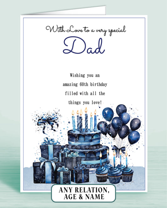 Dad Birthday Card for Him, 60th Birthday Card for Male, Mens Personalised Blue Birthday Card | Oliver Rose Designs
