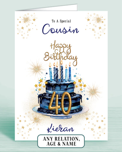 Cousin Birthday Card for Him, 40th Birthday Card for Male, Mens Personalised Blue Birthday Card | Oliver Rose Designs
