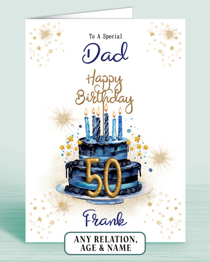 Dad Birthday Card for Him, 50th Birthday Card for Male, Mens Personalised Blue Birthday Card | Oliver Rose Designs