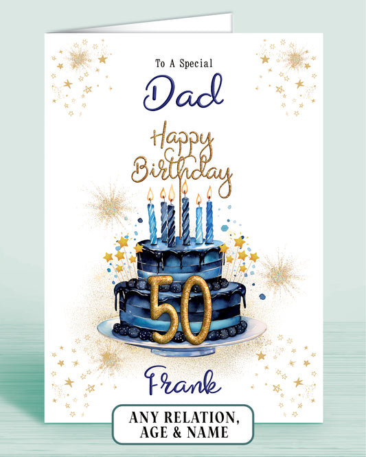 Dad Birthday Card for Him, 50th Birthday Card for Male, Mens Personalised Blue Birthday Card | Oliver Rose Designs
