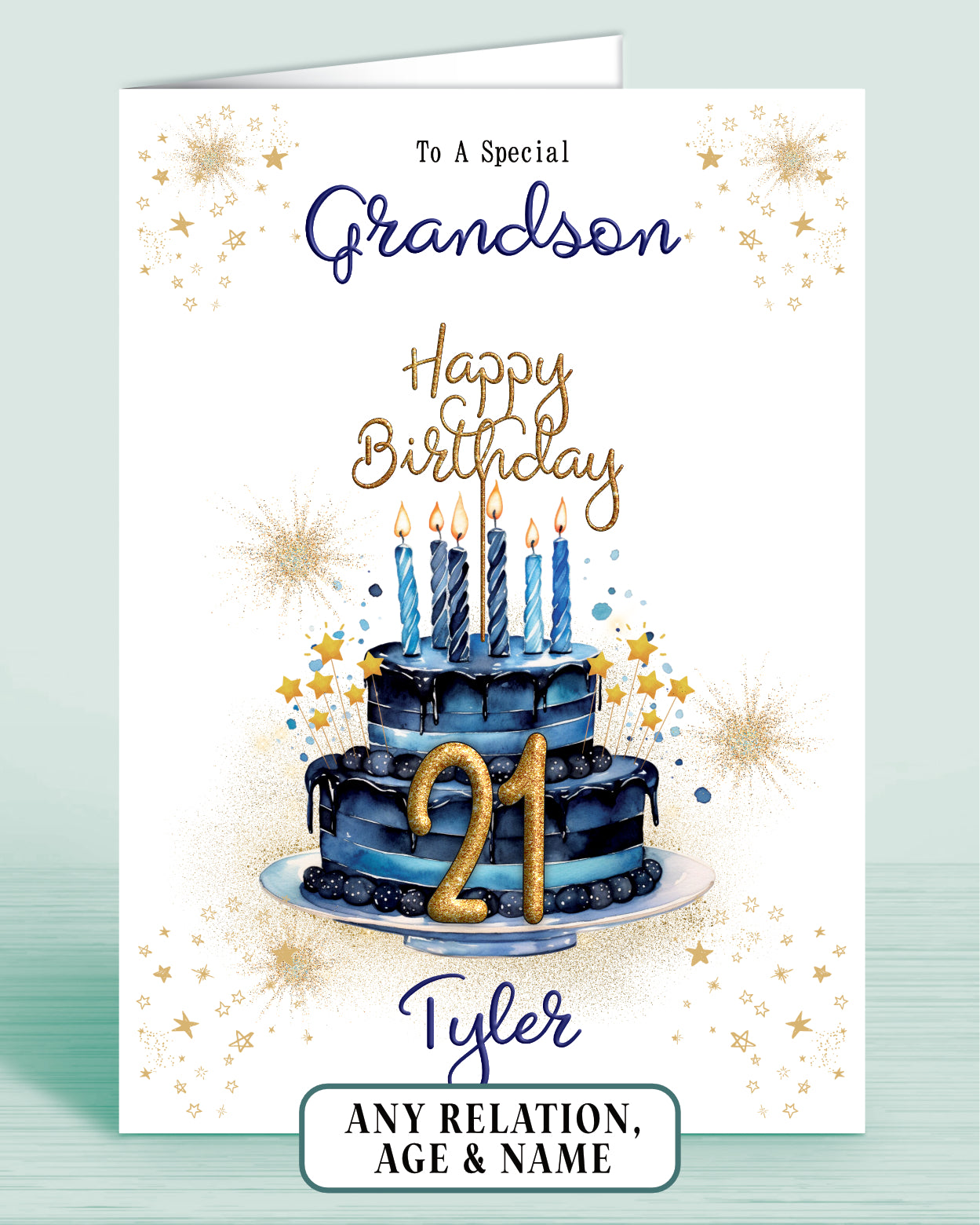 Grandson Birthday Card for Him, 21st Birthday Card for Male, Mens Personalised Blue Birthday Card | Oliver Rose Designs