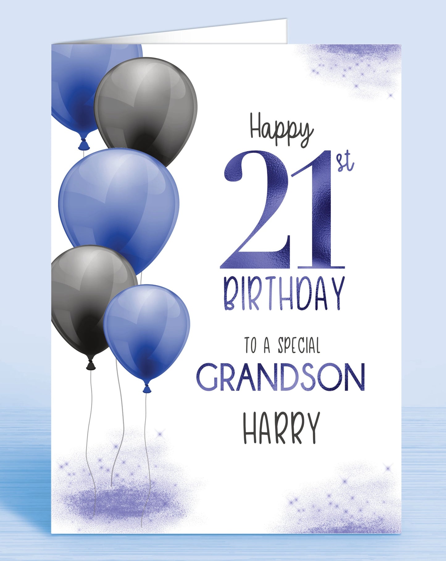 blue & black balloons 21st birthday card, to a special GRANDSON, personalised card | Oliver Rose Designs