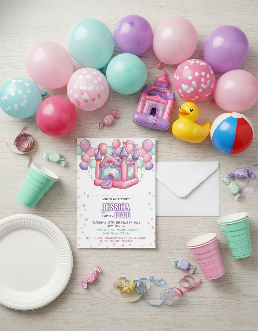 Bouncy Castle birthday party invitation for softplay themed birthday party with styled background for illustration purposes only.
