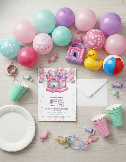 Bouncy Castle birthday party invitation for softplay themed birthday party with styled background for illustration purposes only.