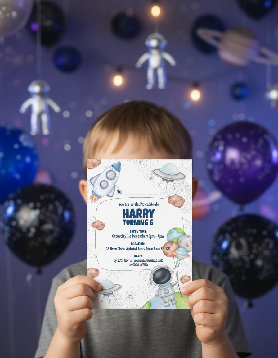 Boy holding Space astronaut birthday party invitation for Space themed birthday party with styled background for illustration purposes only.