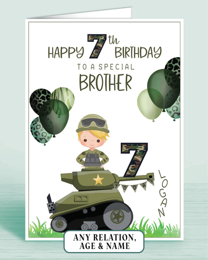 Brother Birthday Card for Boys Army Tank Camo Personalised Birthday Card, 7th Birthday Card, Red Ginger Hair, Any Age, Any Relation, BLONDE HAIR | Oliver Rose Designs