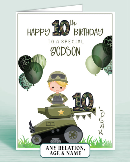 Godson Birthday Card for Boys Army Tank Camo Personalised Birthday Card, 10th Birthday Card, Red Ginger Hair, Any Age, Any Relation, BLONDE HAIR | Oliver Rose Designs