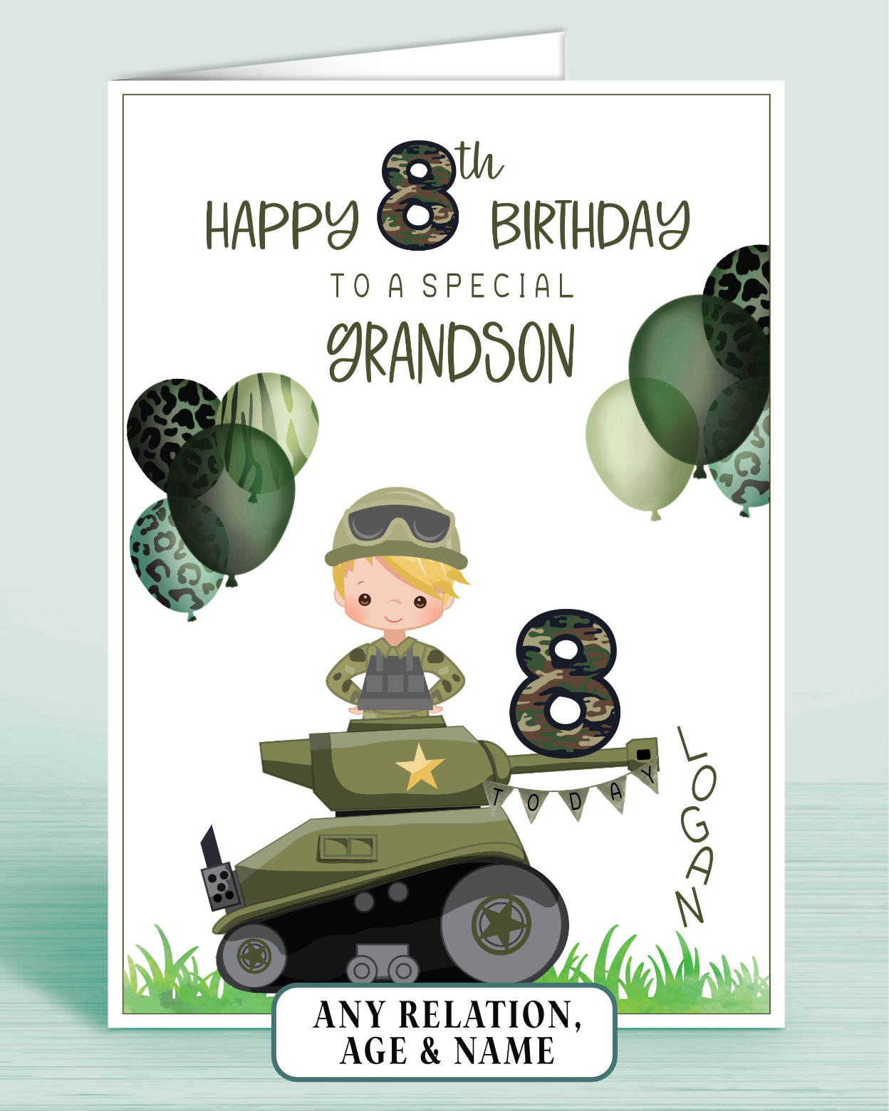 Grandson Birthday Card for Boys Army Tank Camo Personalised Birthday Card, 8th Birthday Card, Red Ginger Hair, Any Age, Any Relation, BLONDE HAIR | Oliver Rose Designs