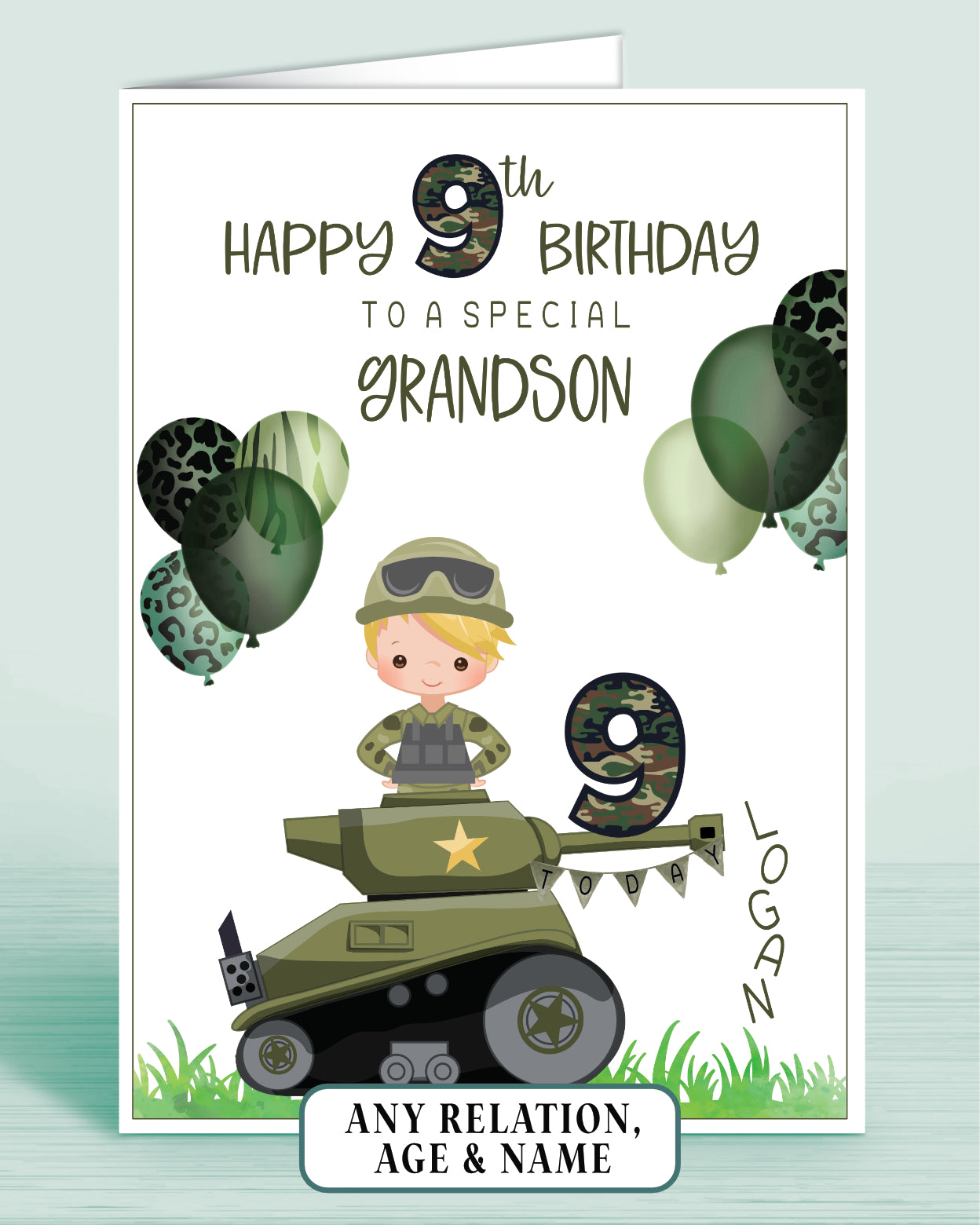 Grandson Birthday Card for Boys Army Tank Camo Personalised Birthday Card, 9th Birthday Card, Red Ginger Hair, Any Age, Any Relation, BLONDE HAIR | Oliver Rose Designs