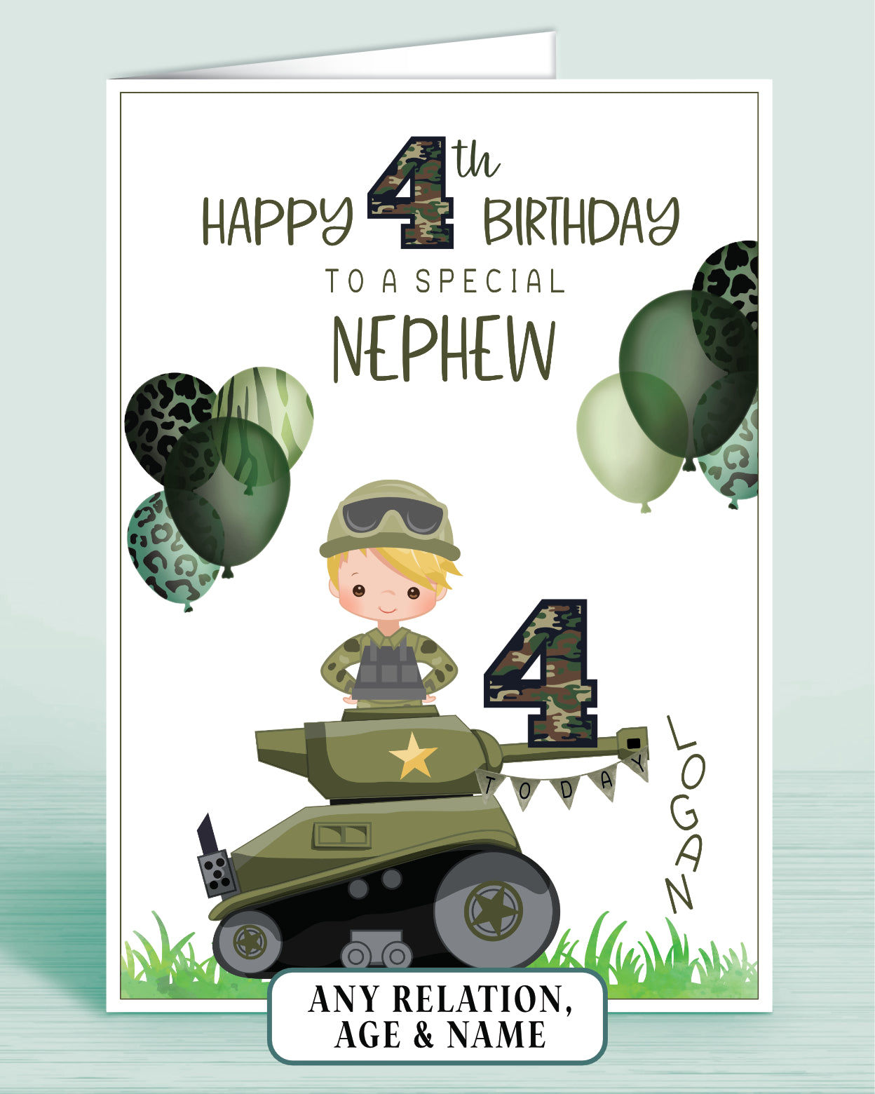 Nephew Birthday Card for Boys Army Tank Camo Personalised Birthday Card, 4th Birthday Card, Red Ginger Hair, Any Age, Any Relation, BLONDE HAIR | Oliver Rose Designs