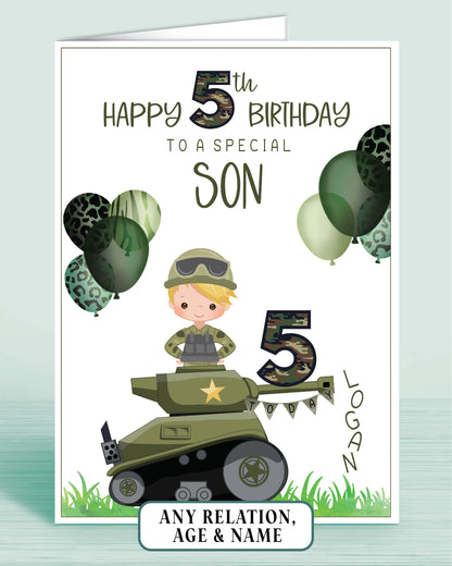 Son Birthday Card for Boys Army Tank Camo Personalised Birthday Card, 5th Birthday Card, Red Ginger Hair, Any Age, Any Relation, BLONDE HAIR | Oliver Rose Designs