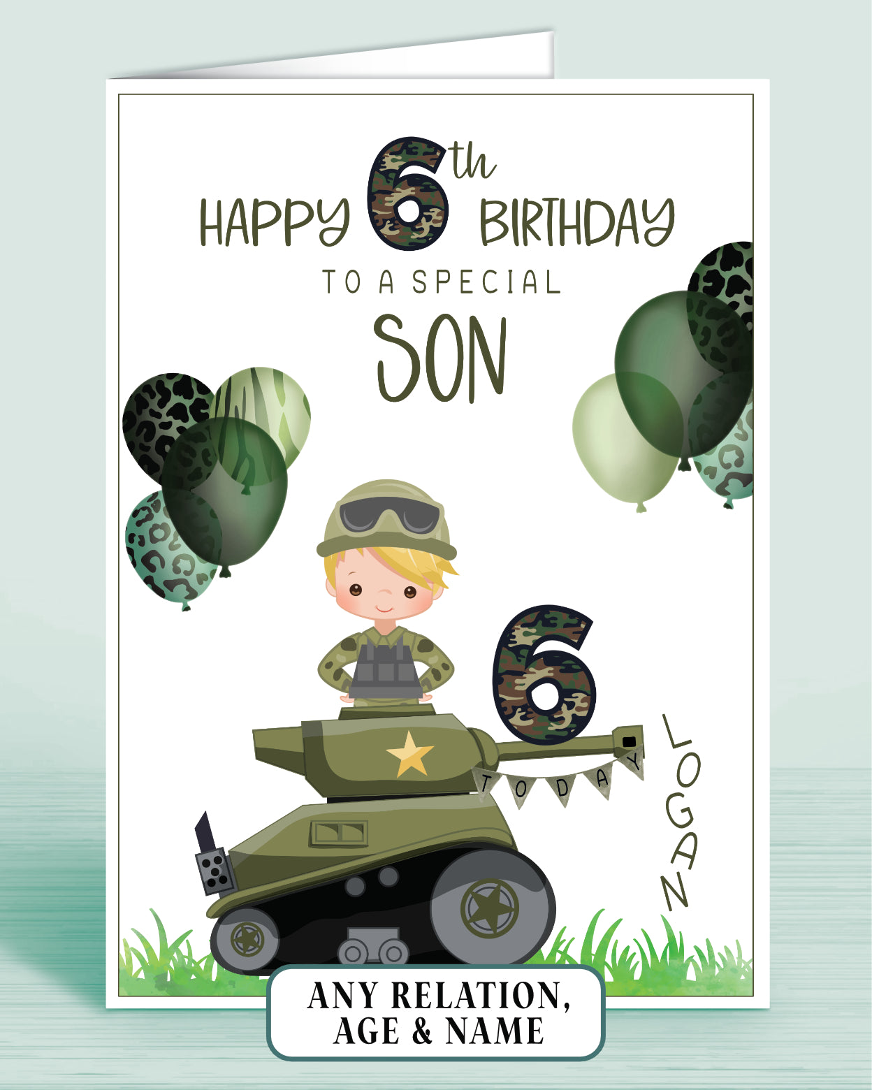 Son Birthday Card for Boys Army Tank Camo Personalised Birthday Card, 6th Birthday Card, Red Ginger Hair, Any Age, Any Relation, BLONDE HAIR | Oliver Rose Designs