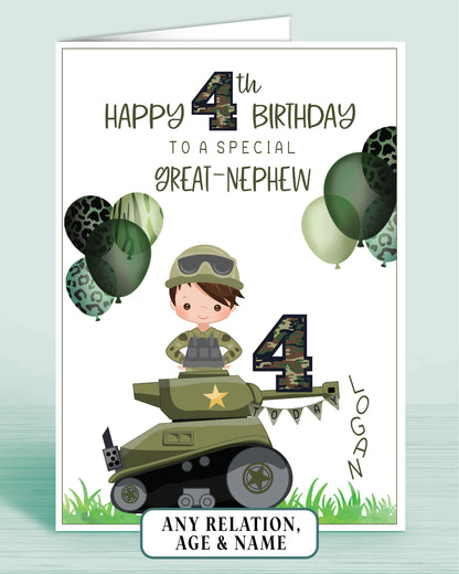 Great-Nephew Birthday Card for Boys Army Tank Camo Personalised Birthday Card, 4th Birthday Card, Red Ginger Hair, Any Age, Any Relation, BROWN HAIR | Oliver Rose Designs