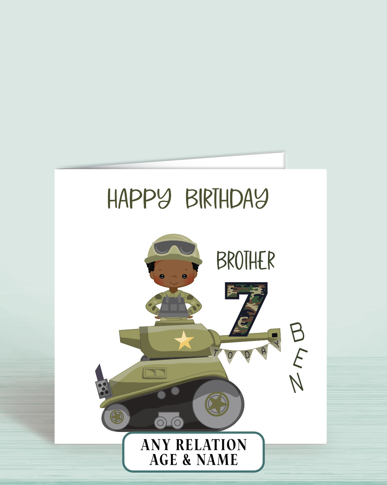 Brother Birthday Card, 7th Birthday Card, Boys Army Tank Theme Birthday Card (Boy B) Any Age, Any Relation | Oliver Rose Designs