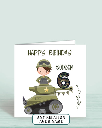 Godson Birthday Card, 6th Birthday Card, Boys Army Tank Theme Birthday Card (Boy D) Any Age, Any Relation | Oliver Rose Designs