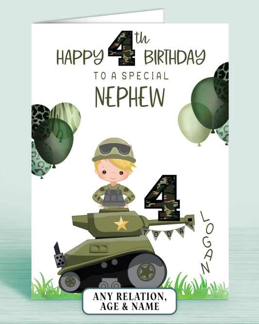 Boys Army Tank Personalised Birthday Card | Blonde Hair | Any Age (Age 4th) | Any Relation (TO A SPECIAL NEPHEW) | Oliver Rose Designs