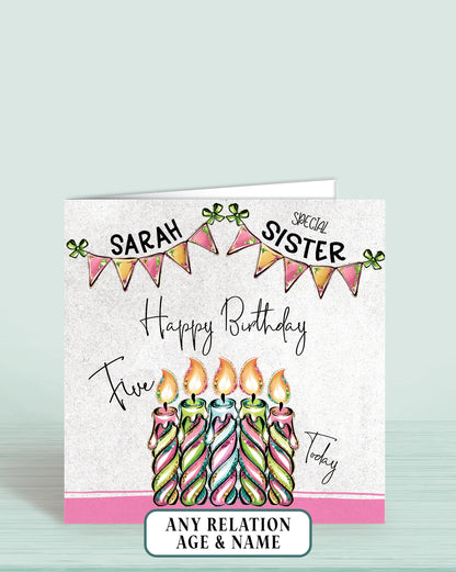 Sister Birthday Card Age 5th, Pik, Blue & Green, Special Little Sister, Big Sister, Any Age, Any Relation. Add a Name | Oliver Rose Designs