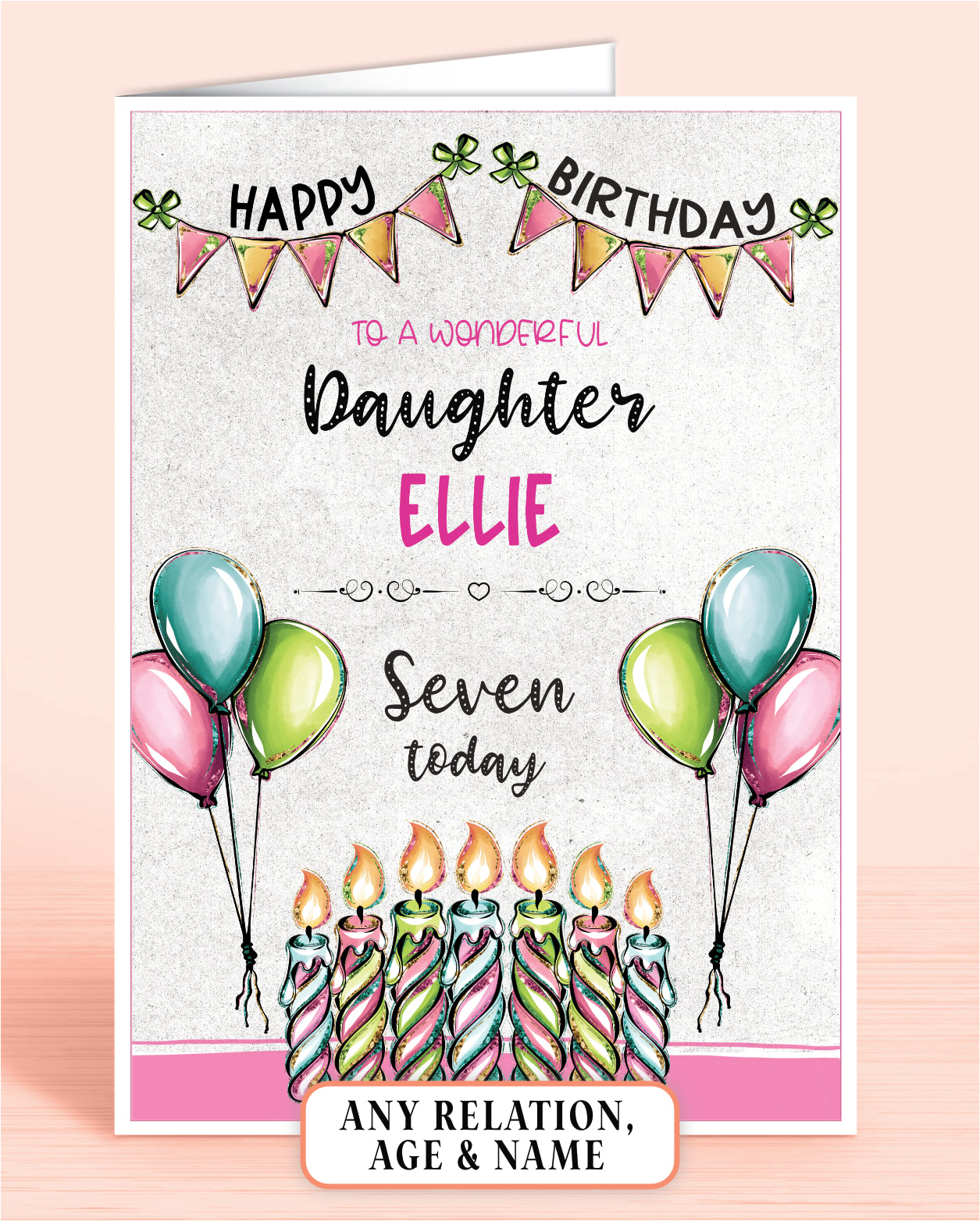 Daughter Birthday Card, 7th Birthday Card for Daughter, Pink, Green & Blue Candles, Happy Birthday, Seven Today | Oliver Rose Designs