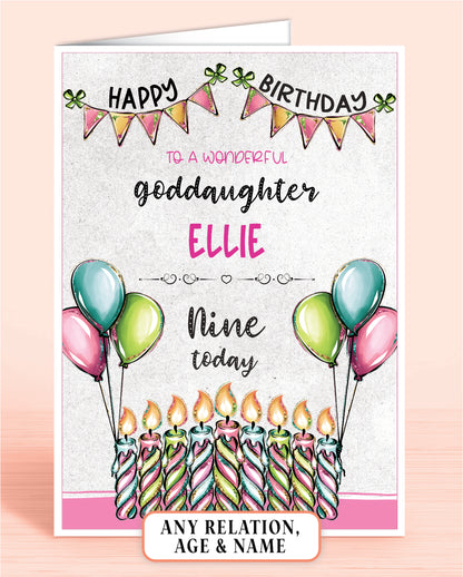 Goddaughter Birthday Card, 9th Birthday Card for Goddaughter, Pink, Green & Blue Candles, Happy Birthday, Seven Today | Oliver Rose Designs