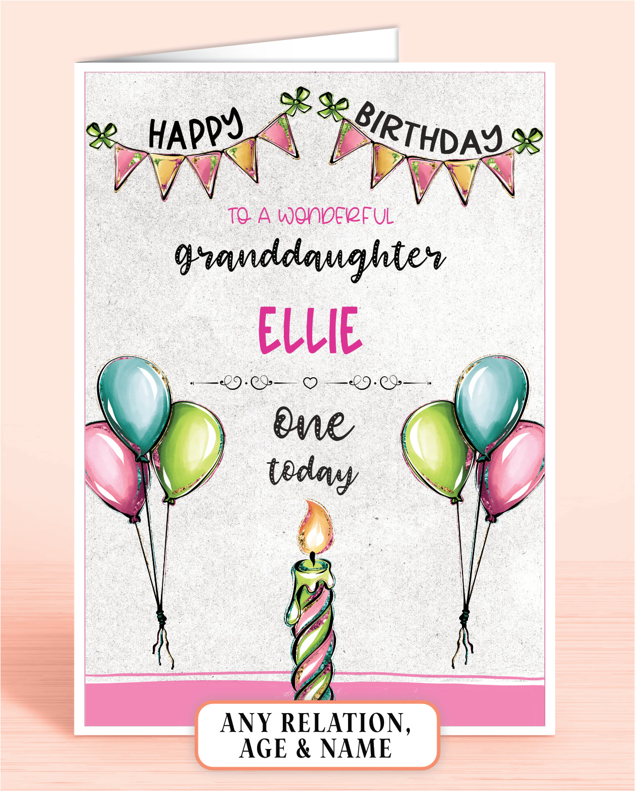 Granddaughter Birthday Card, 1st Birthday Card for Granddaughter, Pink, Green & Blue Candles, Happy Birthday, Seven Today | Oliver Rose Designs
