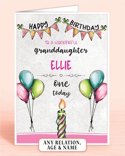 Granddaughter Birthday Card, 1st Birthday Card for Granddaughter, Pink, Green & Blue Candles, Happy Birthday, Seven Today | Oliver Rose Designs