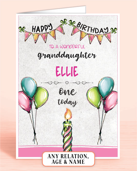 Granddaughter Birthday Card, 1st Birthday Card for Granddaughter, Pink, Green & Blue Candles, Happy Birthday, Seven Today | Oliver Rose Designs