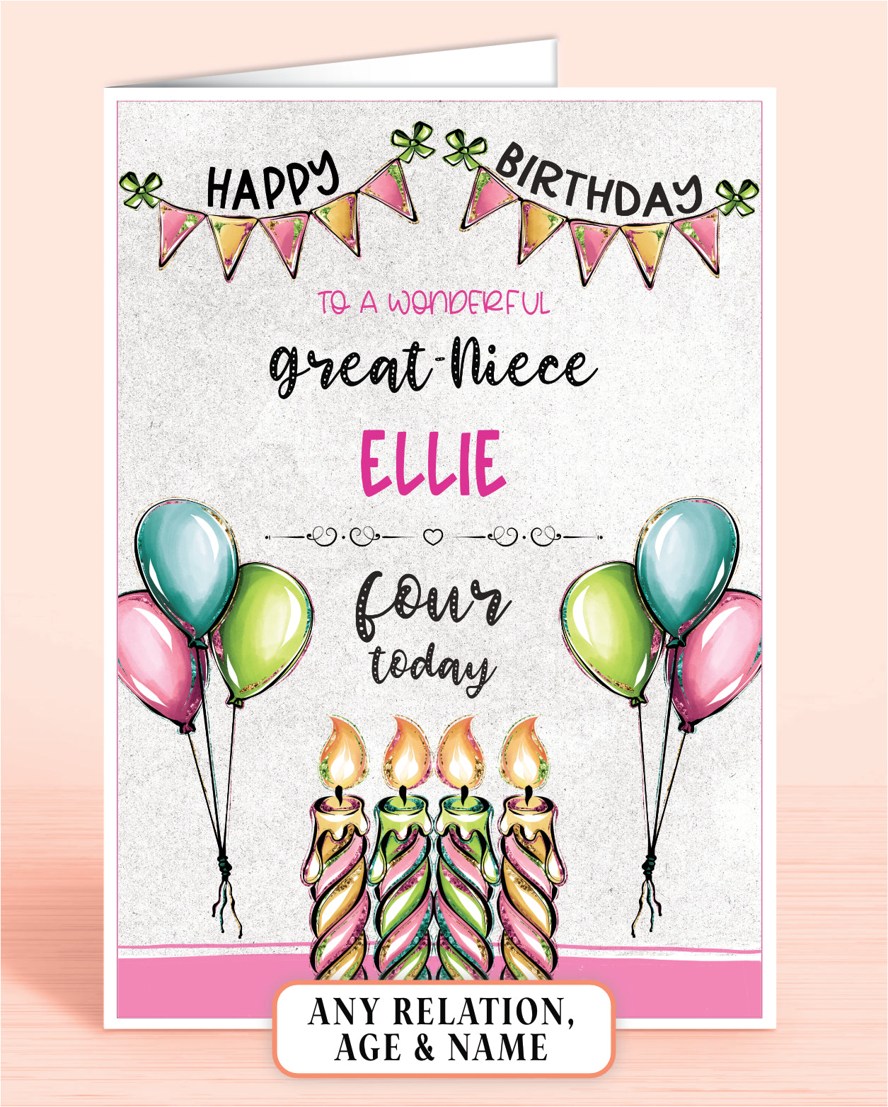 Great-Niece Birthday Card, 4th Birthday Card for Great-Niece, Pink, Green & Blue Candles, Happy Birthday, Seven Today | Oliver Rose Designs