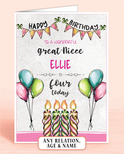Great-Niece Birthday Card, 4th Birthday Card for Great-Niece, Pink, Green & Blue Candles, Happy Birthday, Seven Today | Oliver Rose Designs