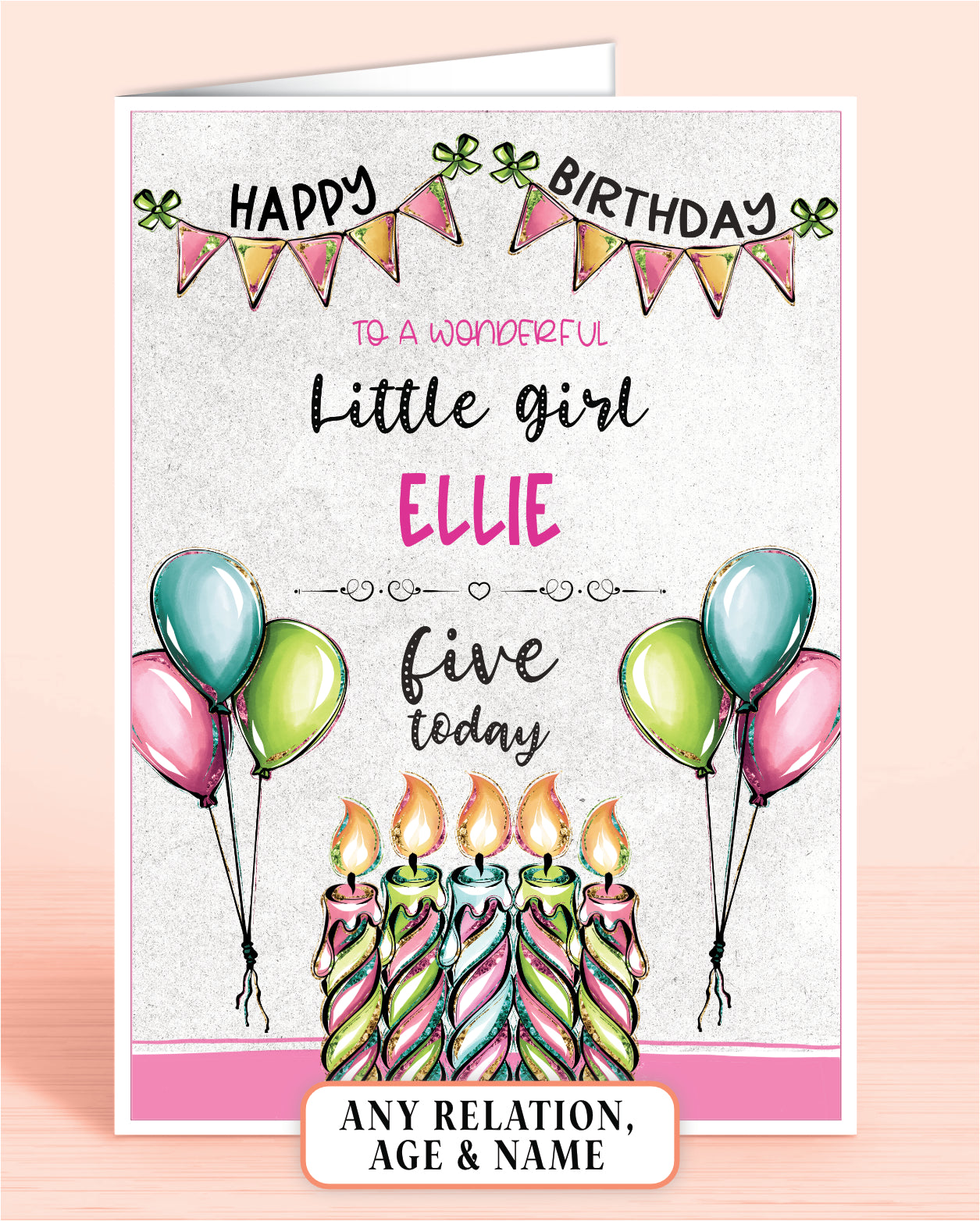 Little Girl Birthday Card, 5th Birthday Card for Little Girl, Pink, Green & Blue Candles, Happy Birthday, Seven Today | Oliver Rose Designs