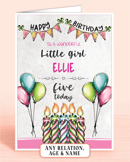 Little Girl Birthday Card, 5th Birthday Card for Little Girl, Pink, Green & Blue Candles, Happy Birthday, Seven Today | Oliver Rose Designs