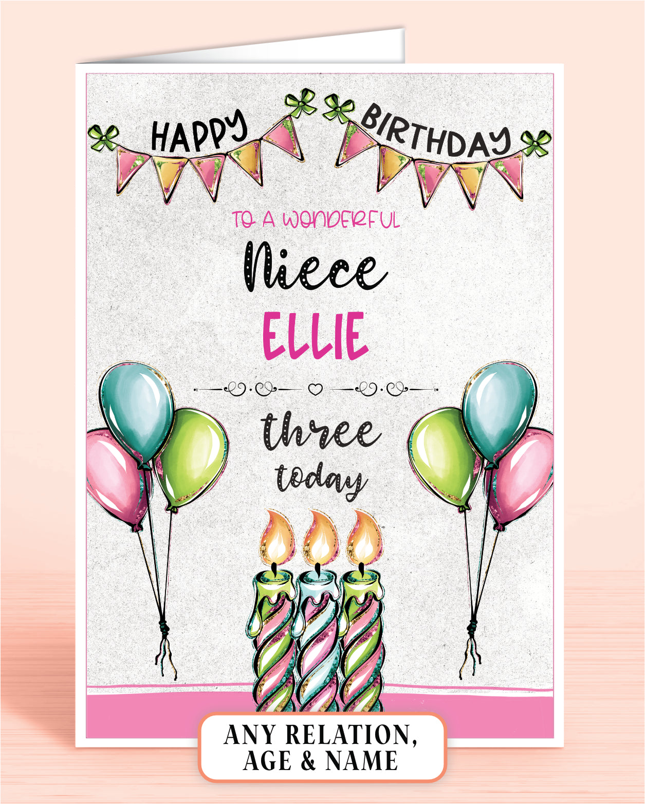 Niece Birthday Card, 3rd Birthday Card for Niece, Pink, Green & Blue Candles, Happy Birthday, Seven Today | Oliver Rose Designs