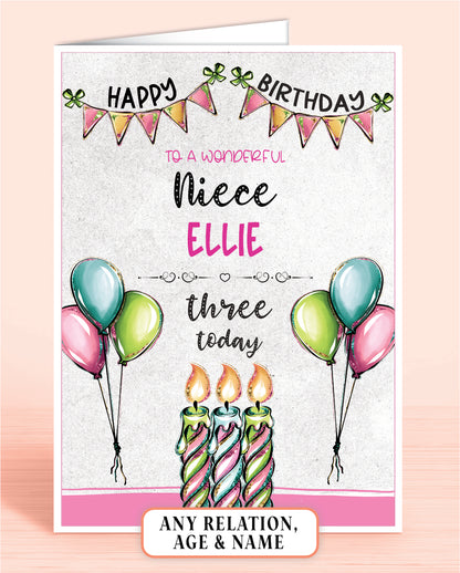 Niece Birthday Card, 3rd Birthday Card for Niece, Pink, Green & Blue Candles, Happy Birthday, Seven Today | Oliver Rose Designs
