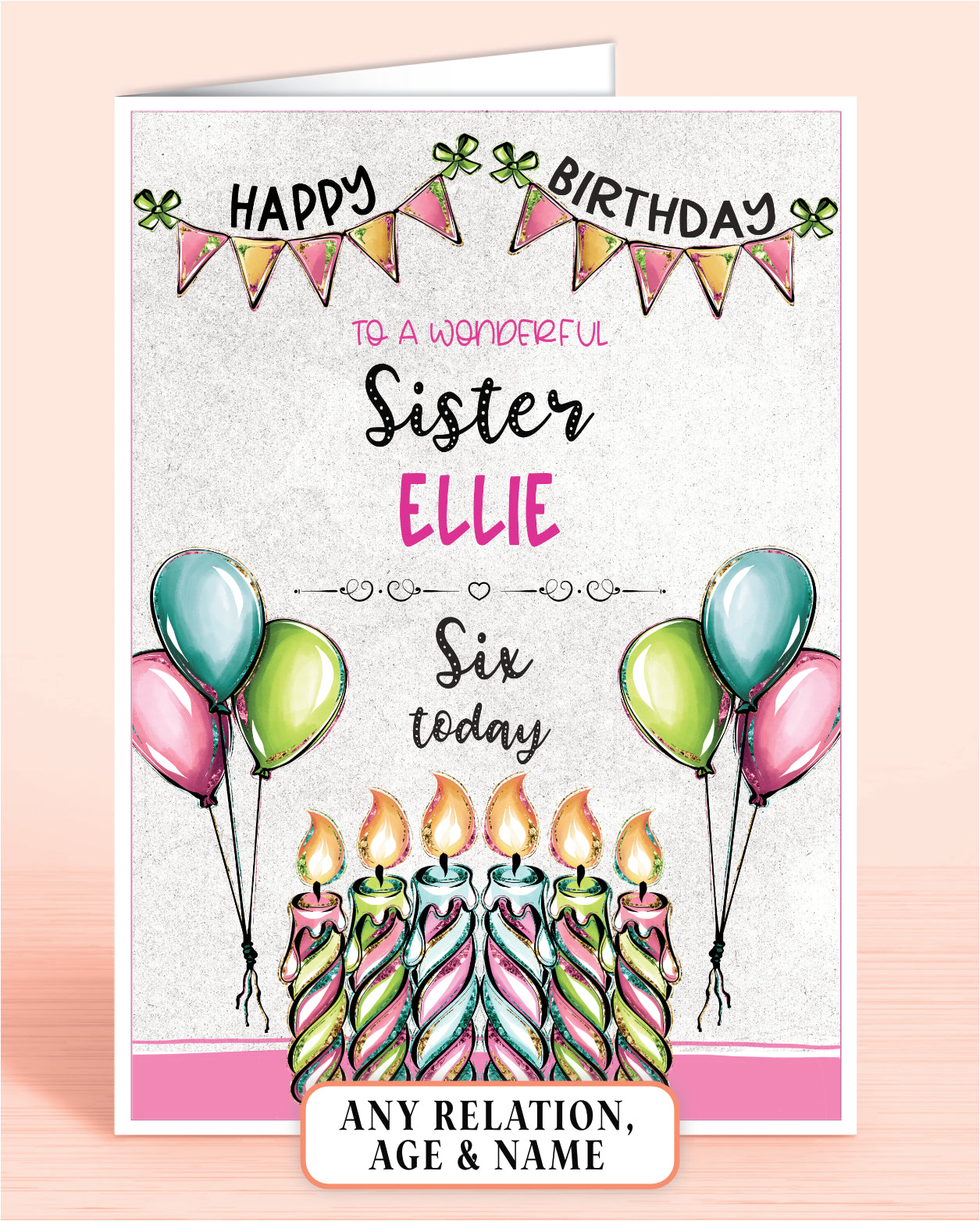 Sister Birthday Card, 6th Birthday Card for Sister, Pink, Green & Blue Candles, Happy Birthday, Seven Today | Oliver Rose Designs