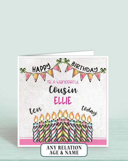 Cousin Birthday Card, 10th Birthday Card for Cousin, Pink, Green & Blue Candles, Happy Birthday, Seven Today | Oliver Rose Designs