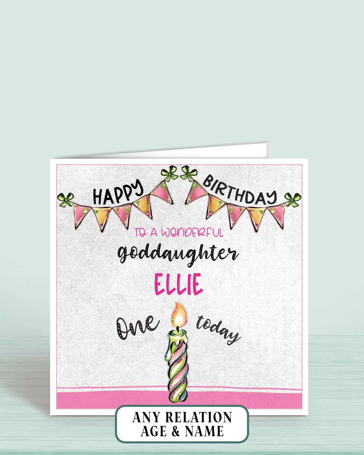 Goddaughter Birthday Card, 1st Birthday Card for Goddaughter, Pink, Green & Blue Candles, Happy Birthday, Seven Today | Oliver Rose Designs
