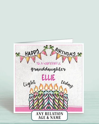 Granddaughter Birthday Card, 8th Birthday Card for Granddaughter, Pink, Green & Blue Candles, Happy Birthday, Seven Today | Oliver Rose Designs