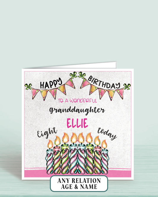 Granddaughter Birthday Card, 8th Birthday Card for Granddaughter, Pink, Green & Blue Candles, Happy Birthday, Seven Today | Oliver Rose Designs