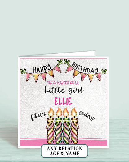 Little Girl Birthday Card, 4th Birthday Card for Little Girl, Pink, Green & Blue Candles, Happy Birthday, Seven Today | Oliver Rose Designs