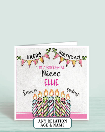Niece Birthday Card, 7th Birthday Card for Niece, Pink, Green & Blue Candles, Happy Birthday, Seven Today | Oliver Rose Designs