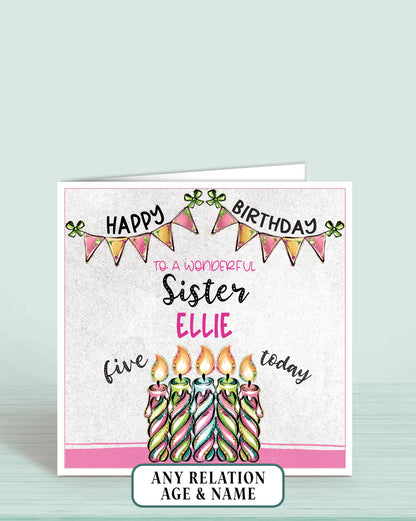 Sister Birthday Card, 5th Birthday Card for Sister, Pink, Green & Blue Candles, Happy Birthday, Seven Today | Oliver Rose Designs