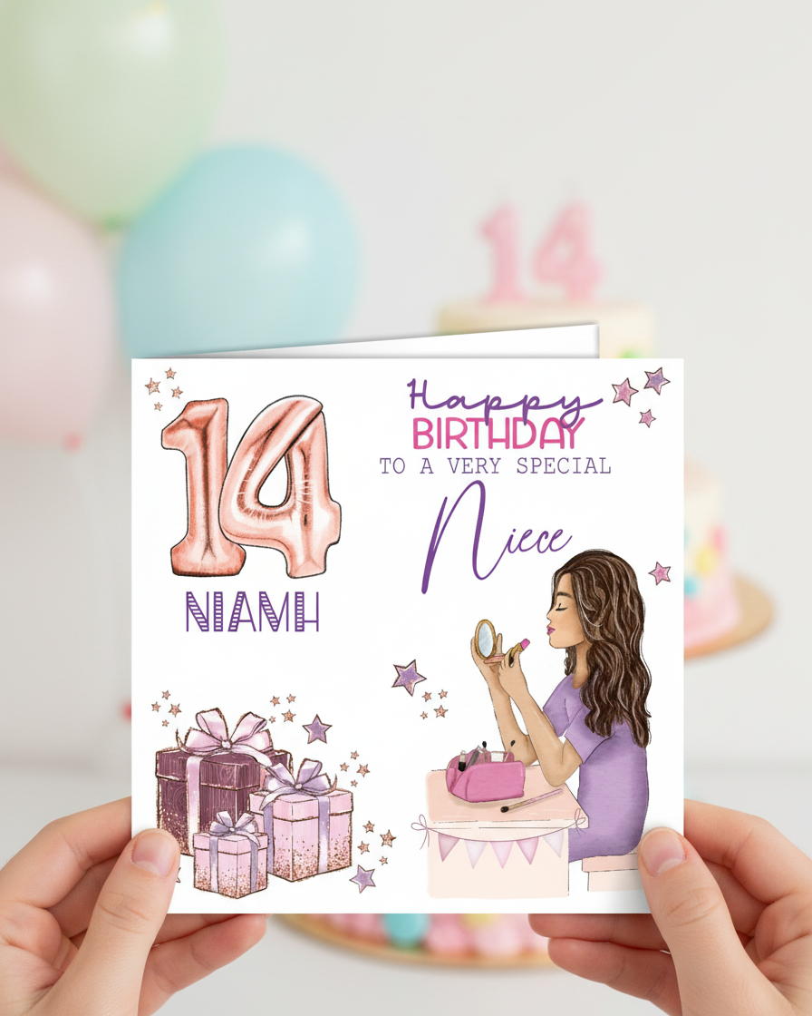 Close up lifestyle image with hands holding Makeup Themed Birthday Card 6x6 inches | Oliver Rose Designs
