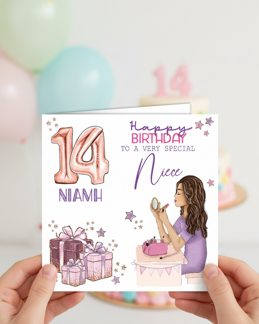 Close up lifestyle image with hands holding Makeup Themed Birthday Card 6x6 inches | Oliver Rose Designs