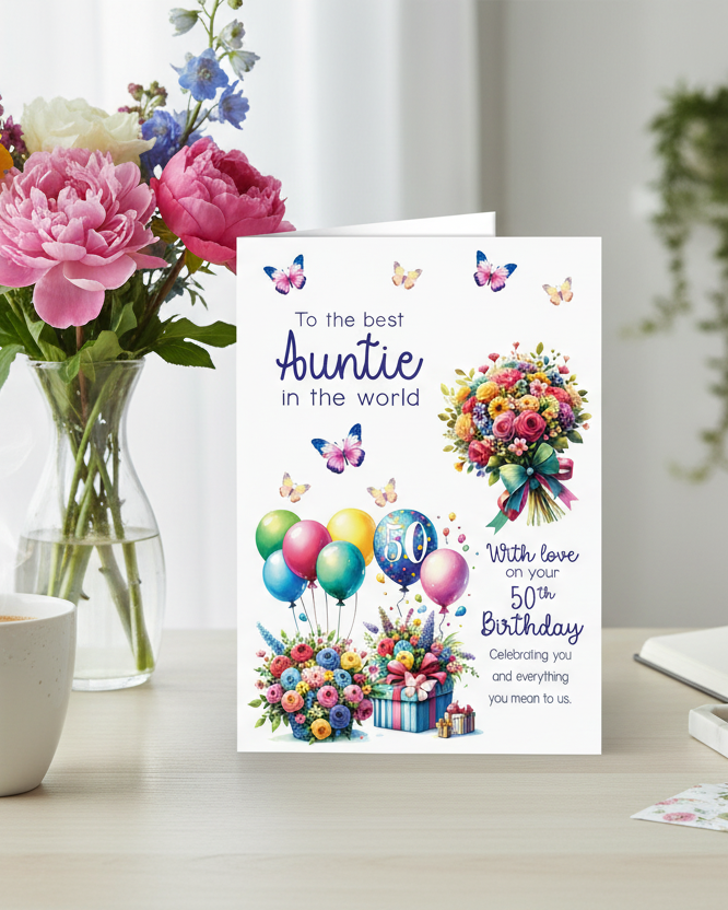Auntie Birthday Card, Floral Bright Personalised Birthday Card for Aunt (approx 8x6 inches, inc envelope) - Oliver Rose Designs [AI generated styled Image]